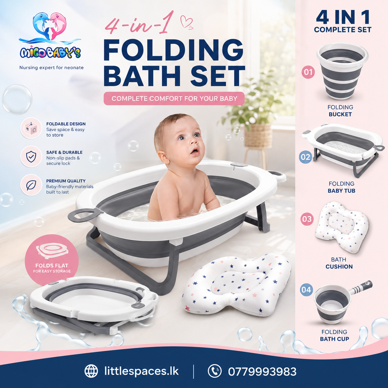 Mico Baby's Premium 4-in-1 Foldable Baby Bath Tub with Soft Cushion