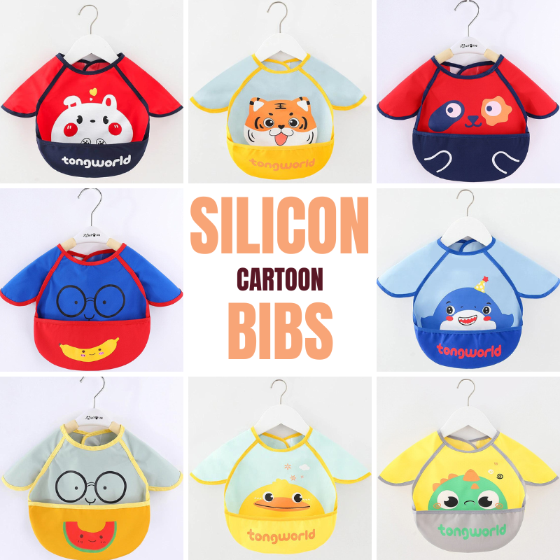 Baby Cartoon Bibs With Crumb Catcher - BPA Free / Food Grade Silicon