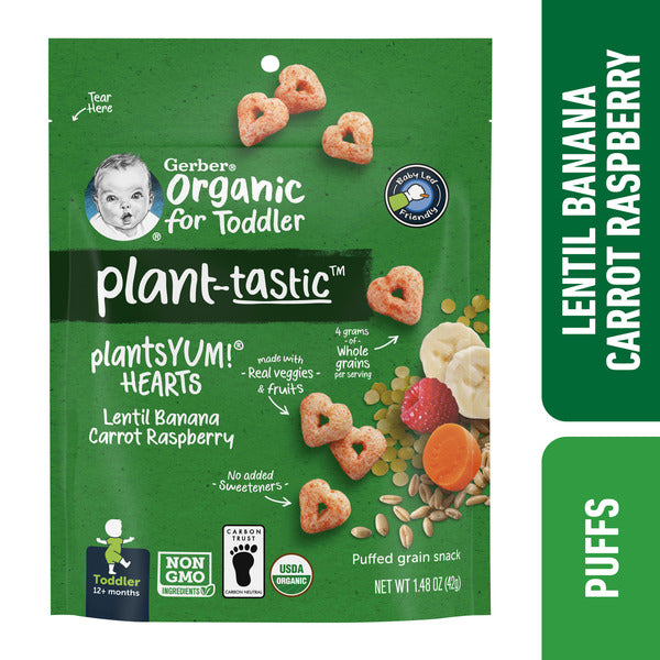 Gerber Organic Biologique Plant-Tastic Lentil Hearts, Banana Carrot Raspberry